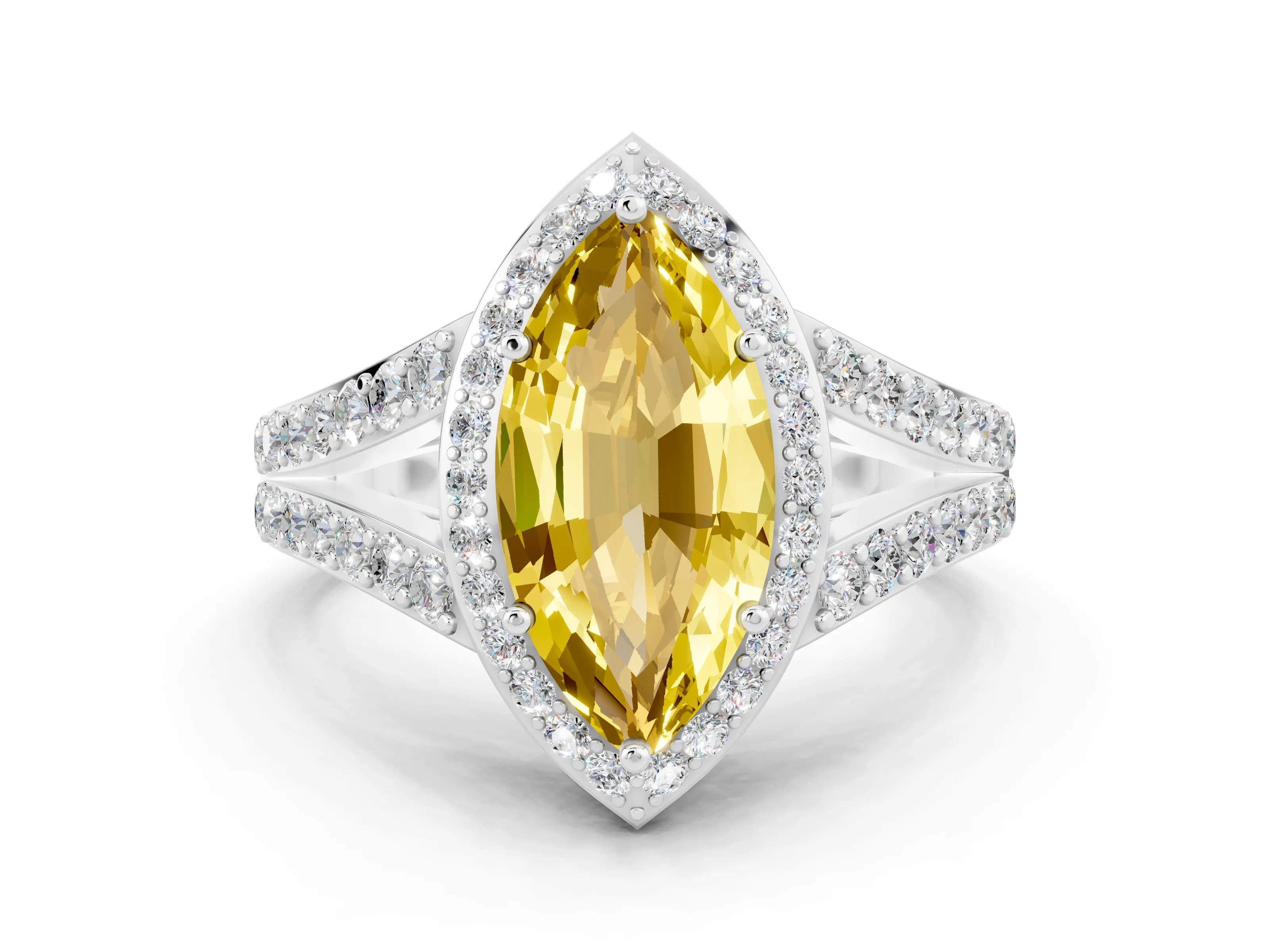 White gold Marquise Cut Yellow Sapphire Split Shank Halo Ring with Four-Prong Setting_12
