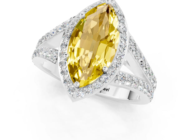 Silver Marquise Cut Yellow Sapphire Split Shank Halo Ring with Four-Prong Setting