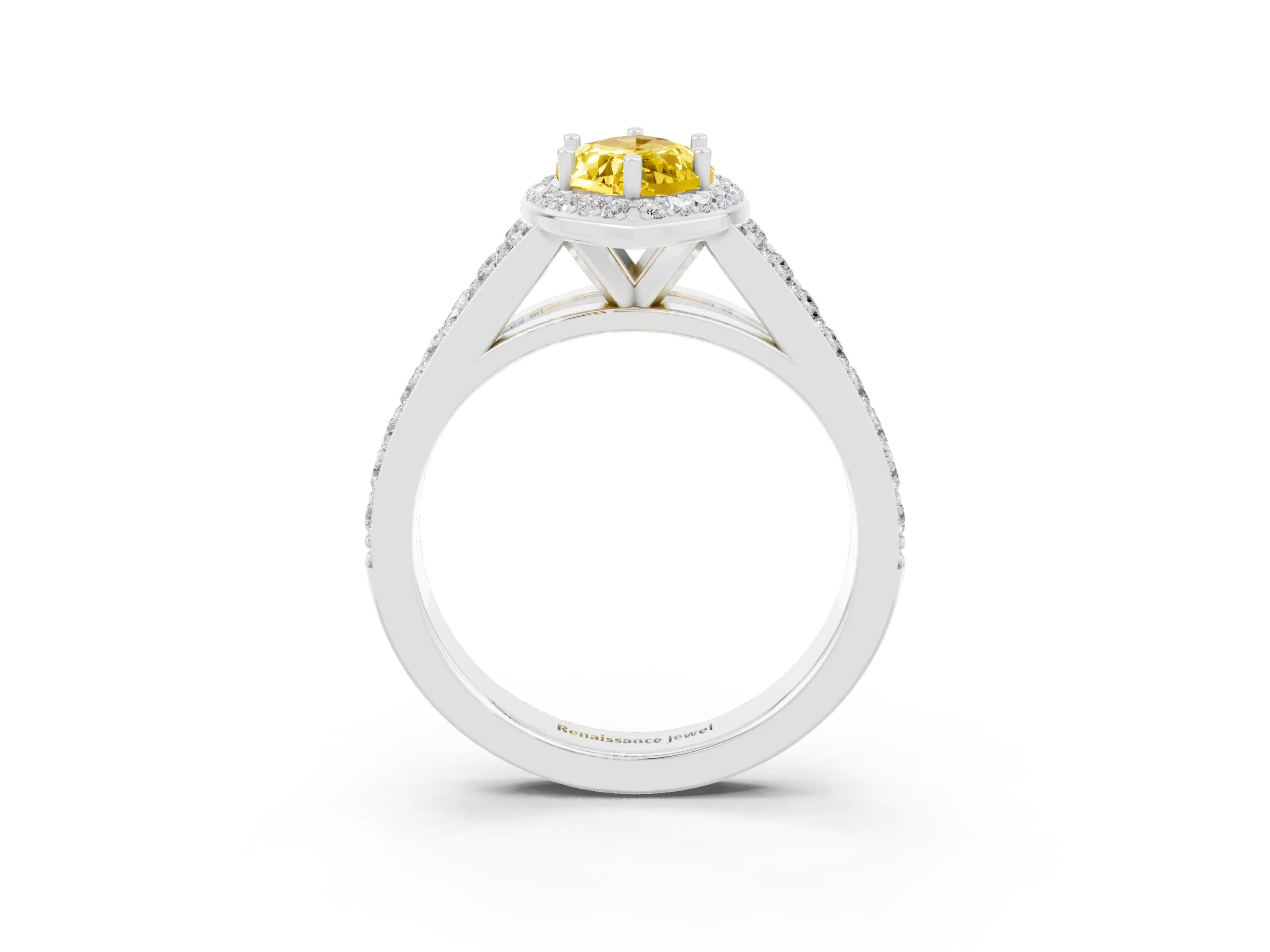 White gold Marquise Cut Yellow Sapphire Split Shank Halo Ring with Four-Prong Setting_15