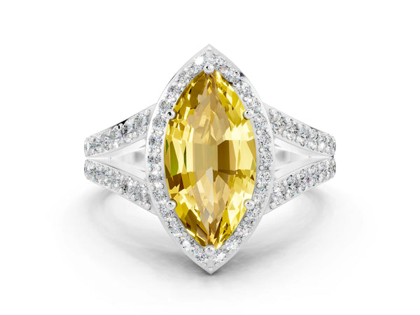 White gold Marquise Cut Yellow Sapphire Split Shank Halo Ring with Four-Prong Setting
