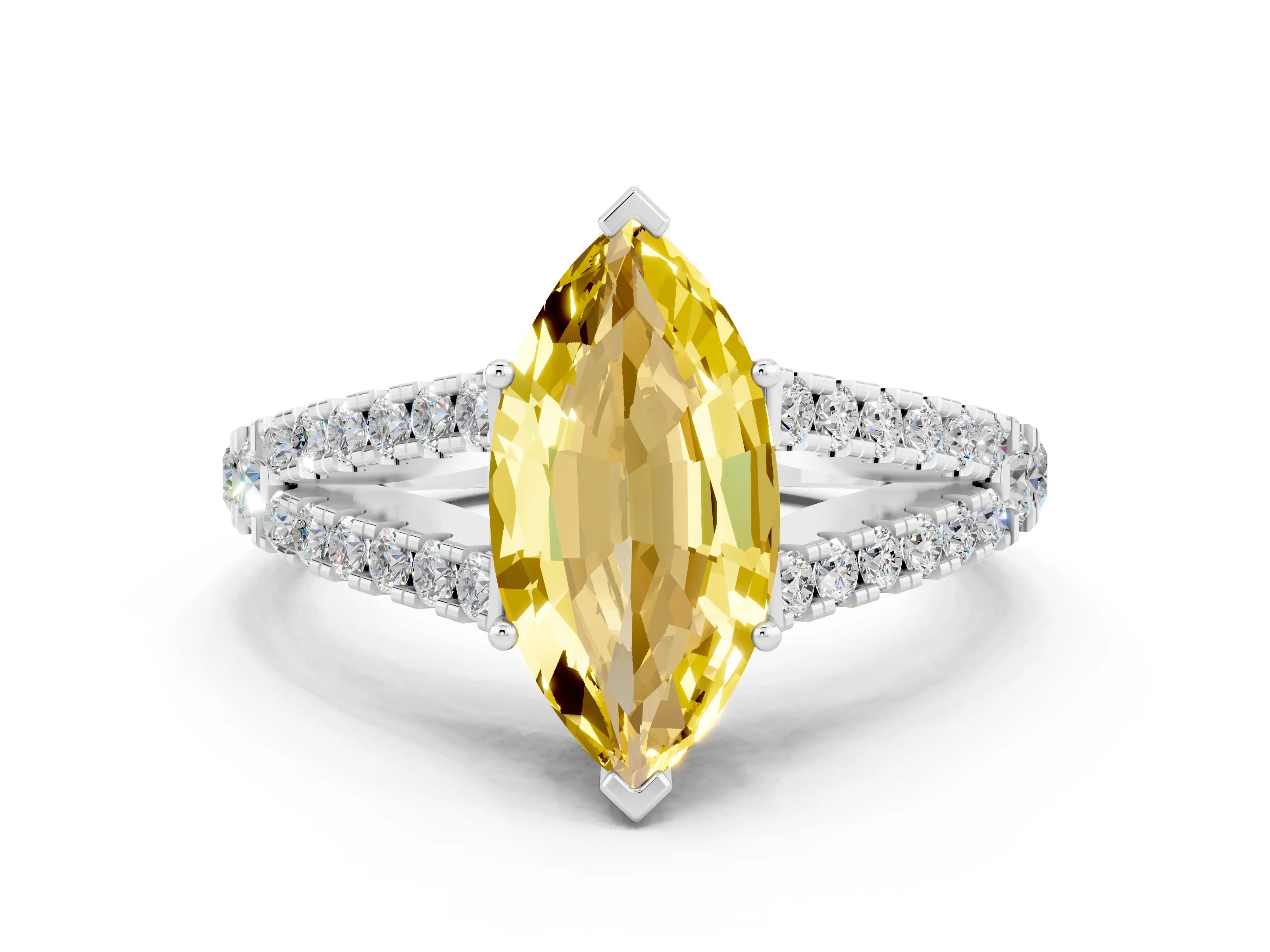 White gold Marquise Cut Yellow Sapphire Split Shank Pavé Engagement Ring with Four-Prong Setting_12