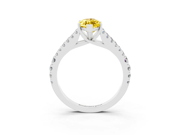 White gold Marquise Cut Yellow Sapphire Split Shank Pavé Engagement Ring with Four-Prong Setting