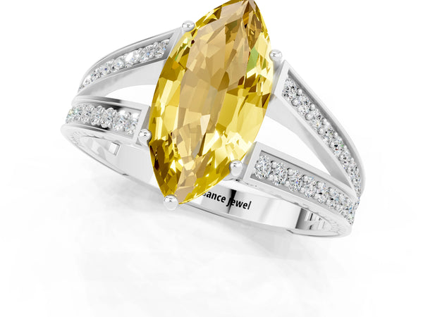 White gold Marquise Cut Yellow Sapphire Split Shank Ring with Pavé Band and Four-Prong Setting