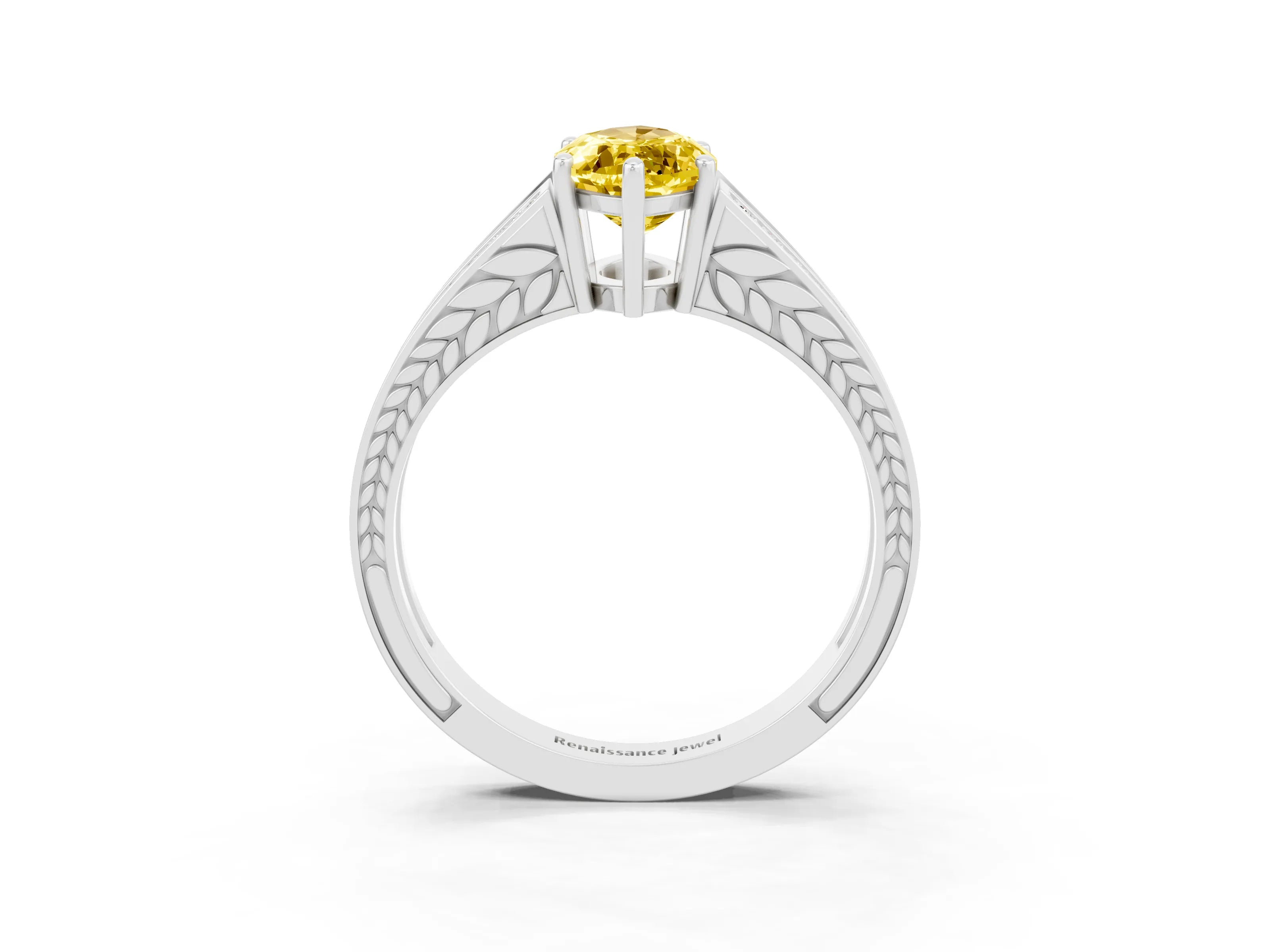 White gold Marquise Cut Yellow Sapphire Split Shank Ring with Pavé Band and Four-Prong Setting_3