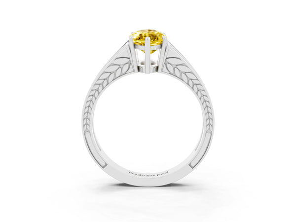 White gold Marquise Cut Yellow Sapphire Split Shank Ring with Pavé Band and Four-Prong Setting