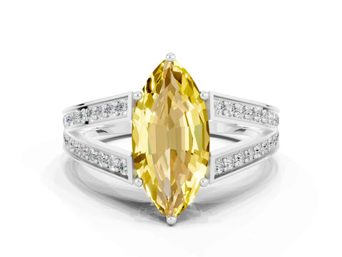 White gold Marquise Cut Yellow Sapphire Split Shank Ring with Pavé Band and Four-Prong Setting