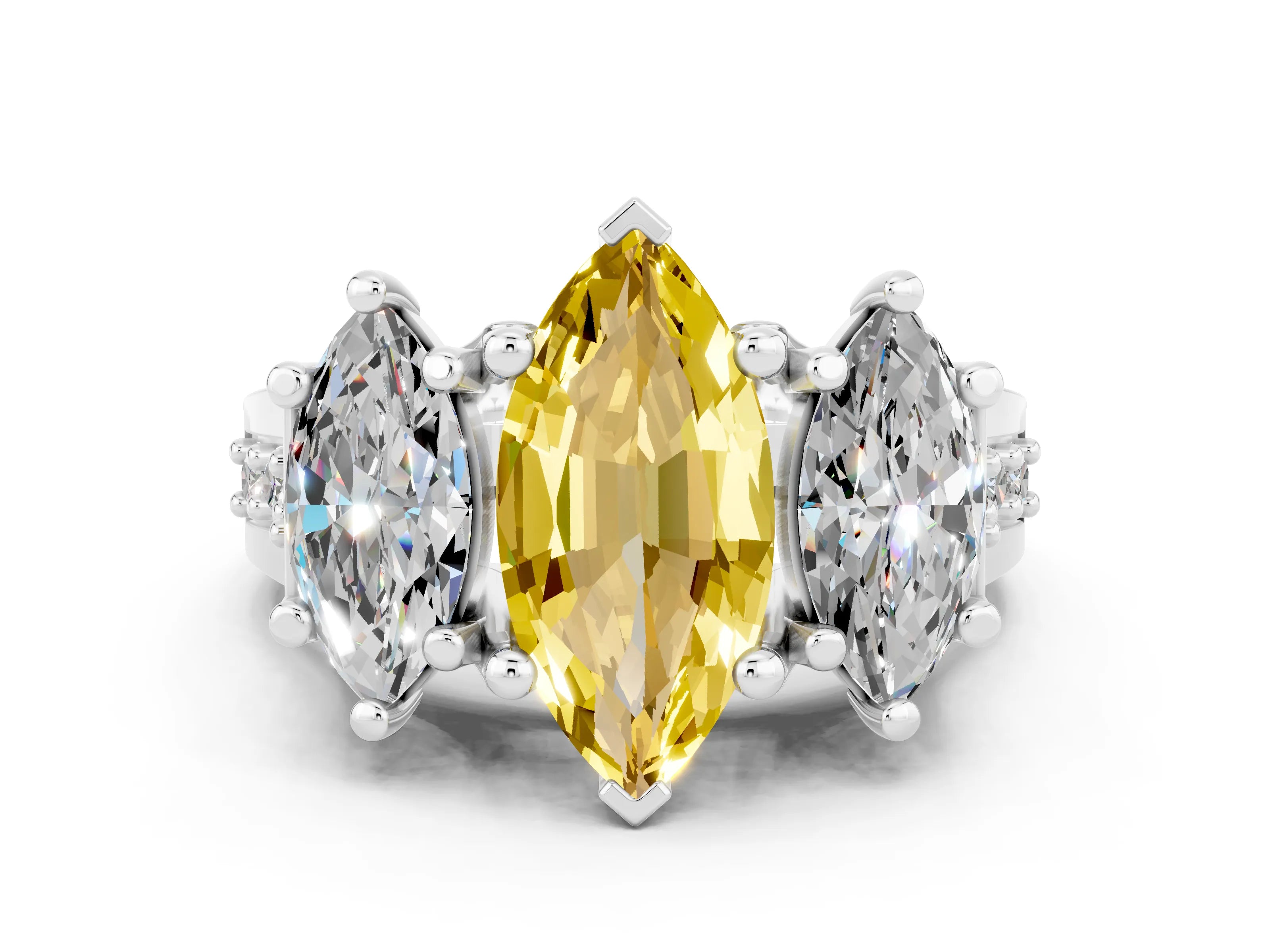 White gold Marquise Cut Yellow Sapphire Three-Stone Ring with Channel Set Band and Four-Prong Setting