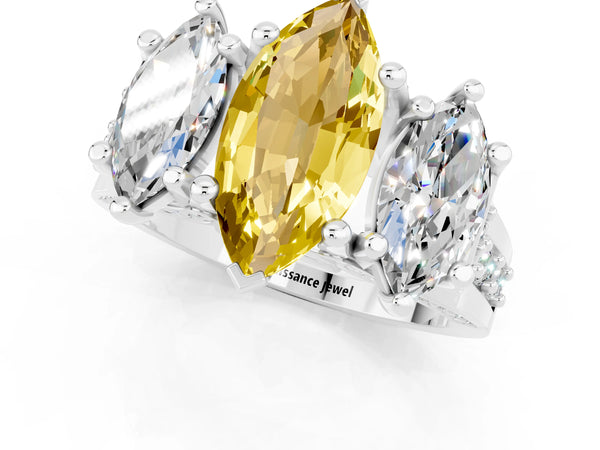 Silver Marquise Cut Yellow Sapphire Three-Stone Ring with Channel Set Band and Four-Prong Setting