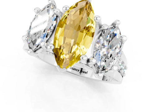 White gold Marquise Cut Yellow Sapphire Three-Stone Ring with Channel Set Band and Four-Prong Setting_1