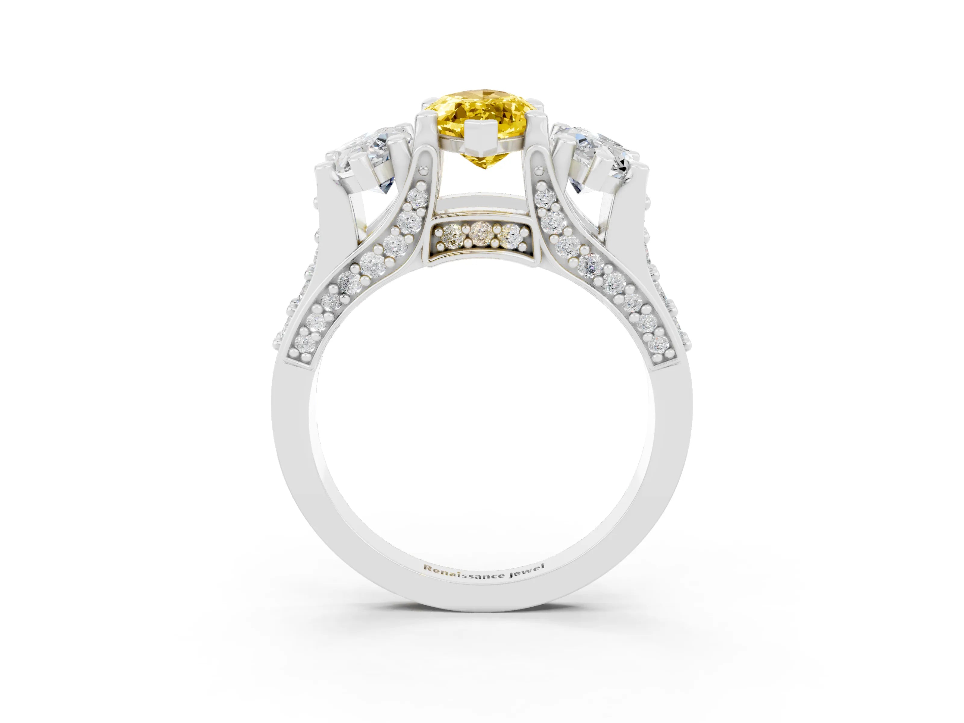 White gold Marquise Cut Yellow Sapphire Three-Stone Ring with Channel Set Band and Four-Prong Setting_3