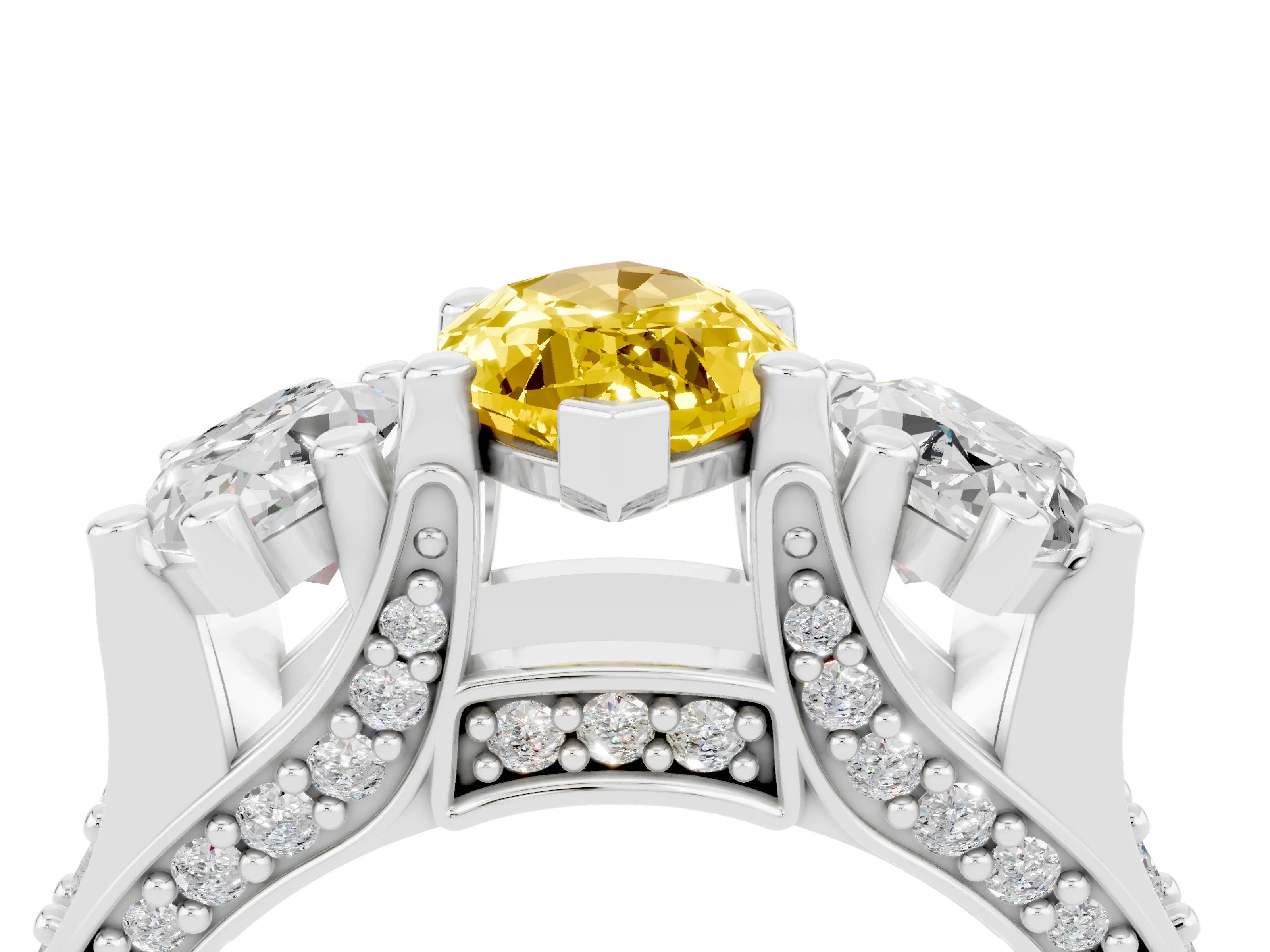White gold Marquise Cut Yellow Sapphire Three-Stone Ring with Channel Set Band and Four-Prong Setting_4