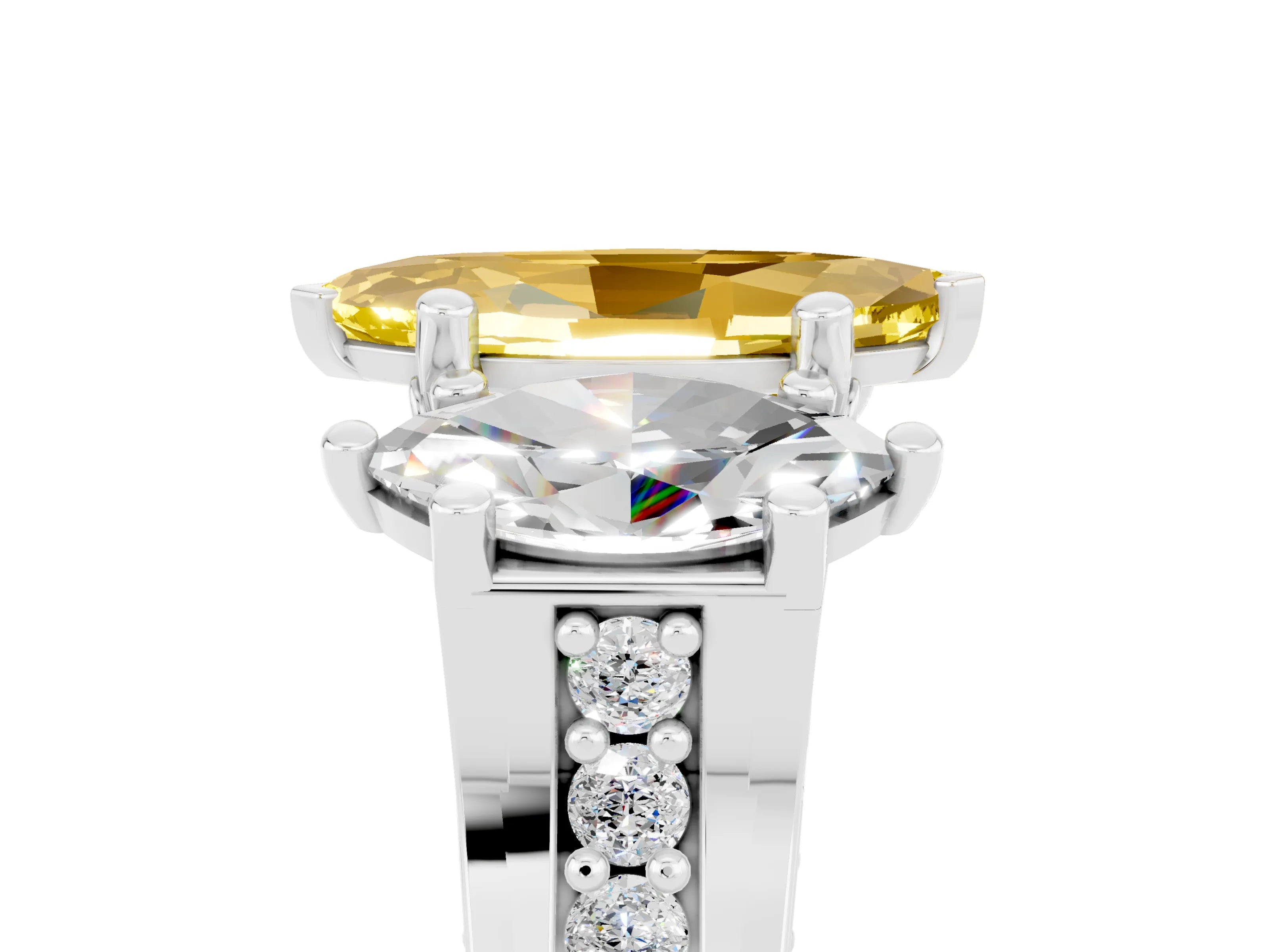 White gold Marquise Cut Yellow Sapphire Three-Stone Ring with Channel Set Band and Four-Prong Setting_5