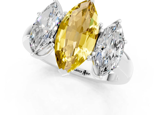 White gold Marquise Cut Yellow Sapphire Three-Stone Ring with Four-Prong Setting and Classic Band
