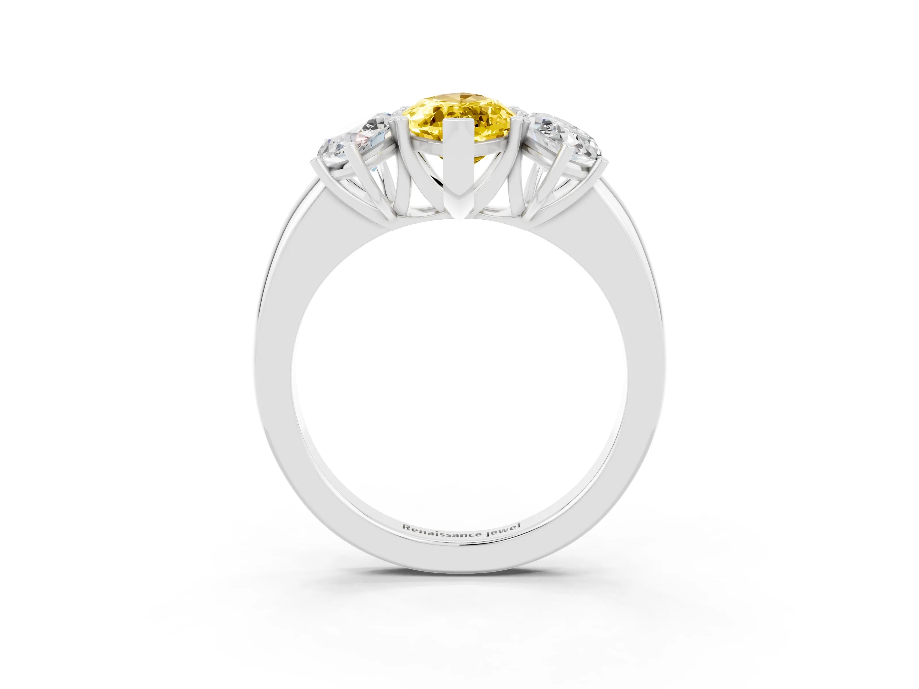 White gold Marquise Cut Yellow Sapphire Three-Stone Ring with Four-Prong Setting and Classic Band_3