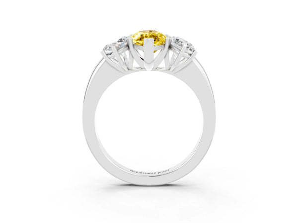 Silver Marquise Cut Yellow Sapphire Three-Stone Ring with Four-Prong Setting and Classic Band