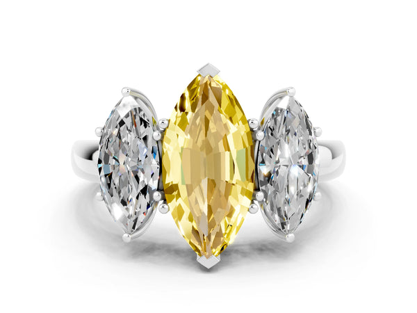 White gold Marquise Cut Yellow Sapphire Three-Stone Ring with Four-Prong Setting and Classic Band