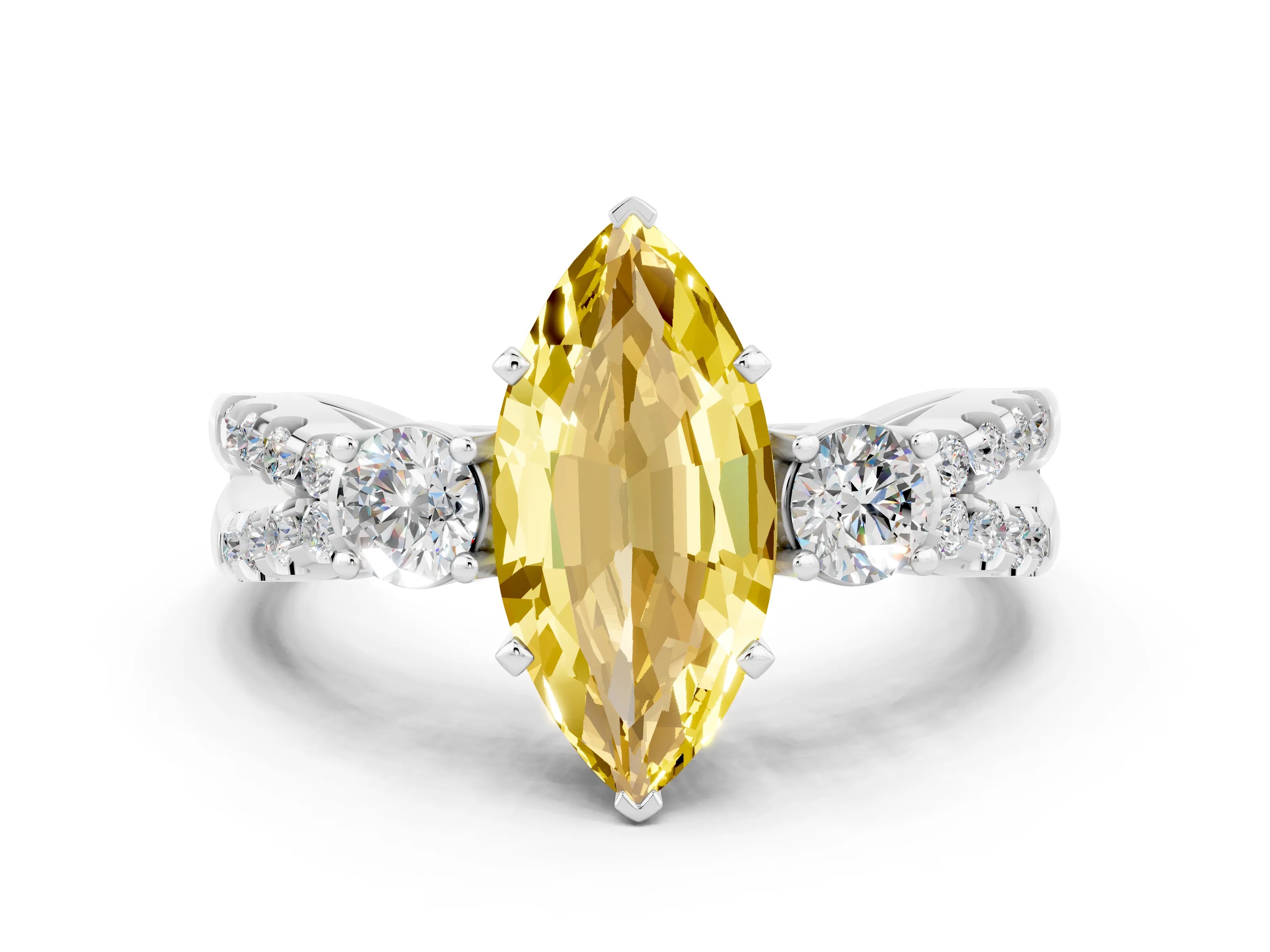 White gold Marquise Cut Yellow Sapphire Three-Stone Ring with Pavé Split Shank and Four-Prong Setting_36