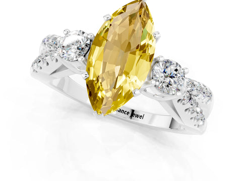 White gold Marquise Cut Yellow Sapphire Three-Stone Ring with Pavé Split Shank and Four-Prong Setting_37