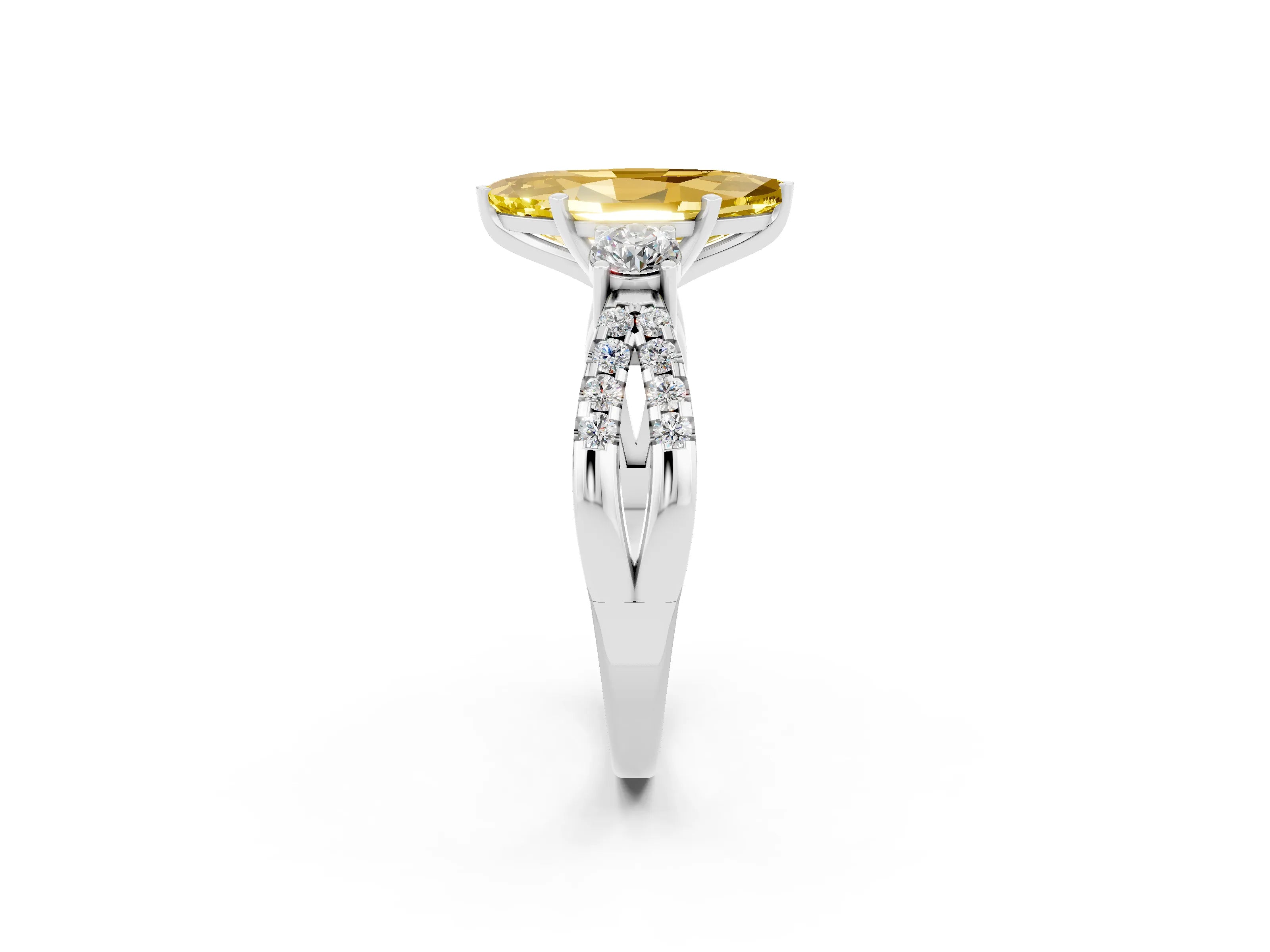 White gold Marquise Cut Yellow Sapphire Three-Stone Ring with Pavé Split Shank and Four-Prong Setting_38