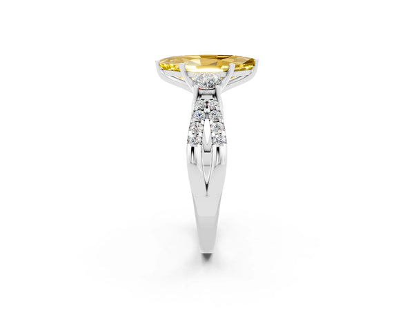 White gold Marquise Cut Yellow Sapphire Three-Stone Ring with Pavé Split Shank and Four-Prong Setting