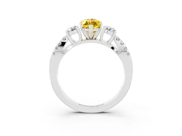 White gold Marquise Cut Yellow Sapphire Three-Stone Ring with Pavé Split Shank and Four-Prong Setting