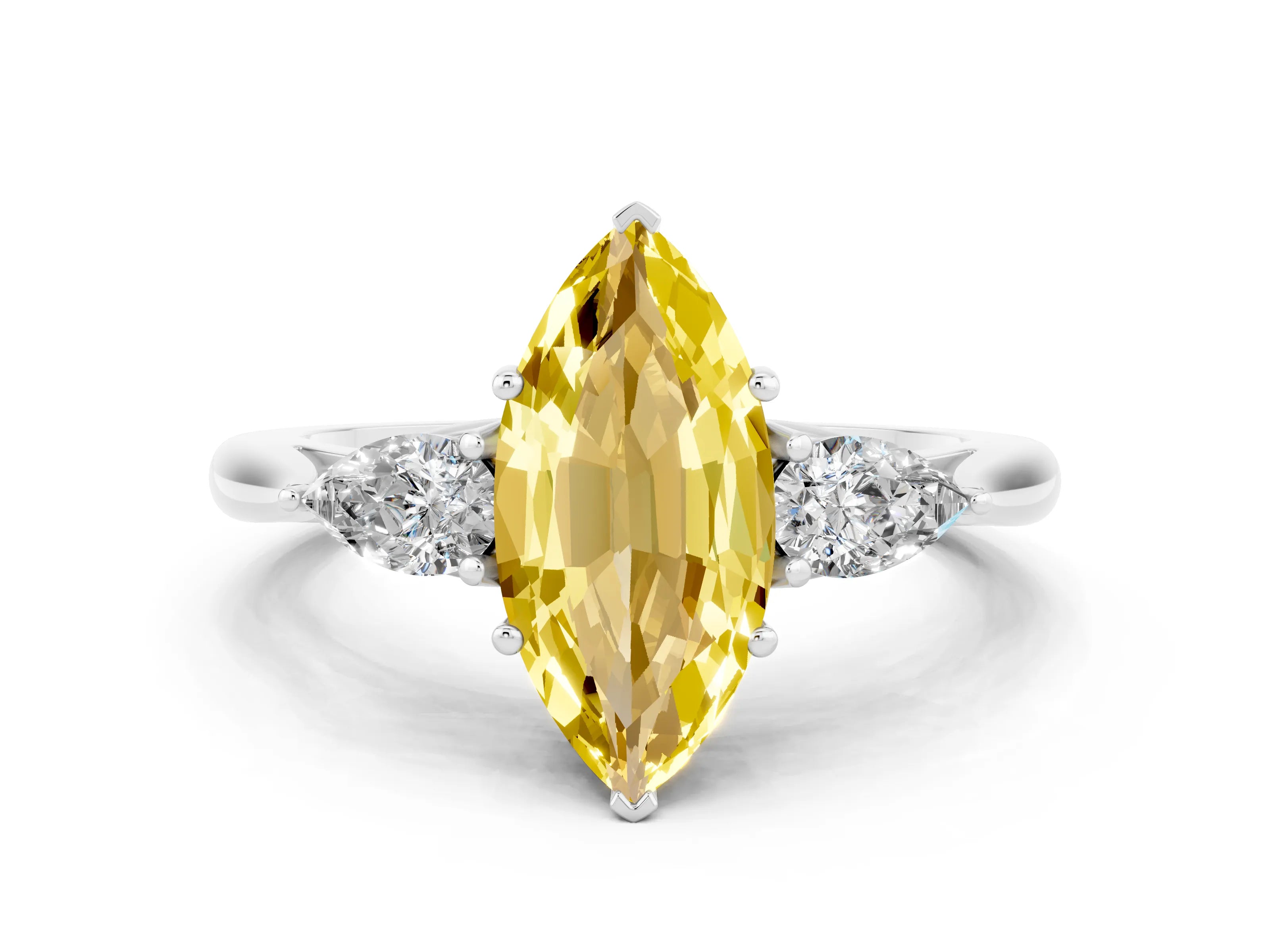 White gold Marquise Cut Yellow Sapphire Three-Stone Ring with Pear Side Stones and Four-Prong Setting_12