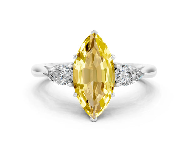 Platinum Marquise Cut Yellow Sapphire Three-Stone Ring with Pear  Side Stones and Prong Setting