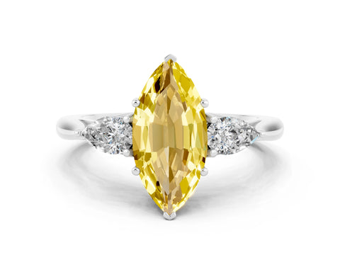 White gold Marquise Cut Yellow Sapphire Three-Stone Ring with Pear Side Stones and Four-Prong Setting_12