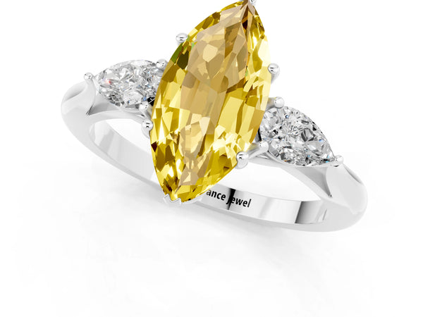 Platinum Marquise Cut Yellow Sapphire Three-Stone Ring with Pear  Side Stones and Prong Setting