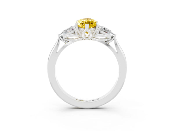Silver Marquise Cut Yellow Sapphire Three-Stone Ring with Pear  Side Stones and Prong Setting
