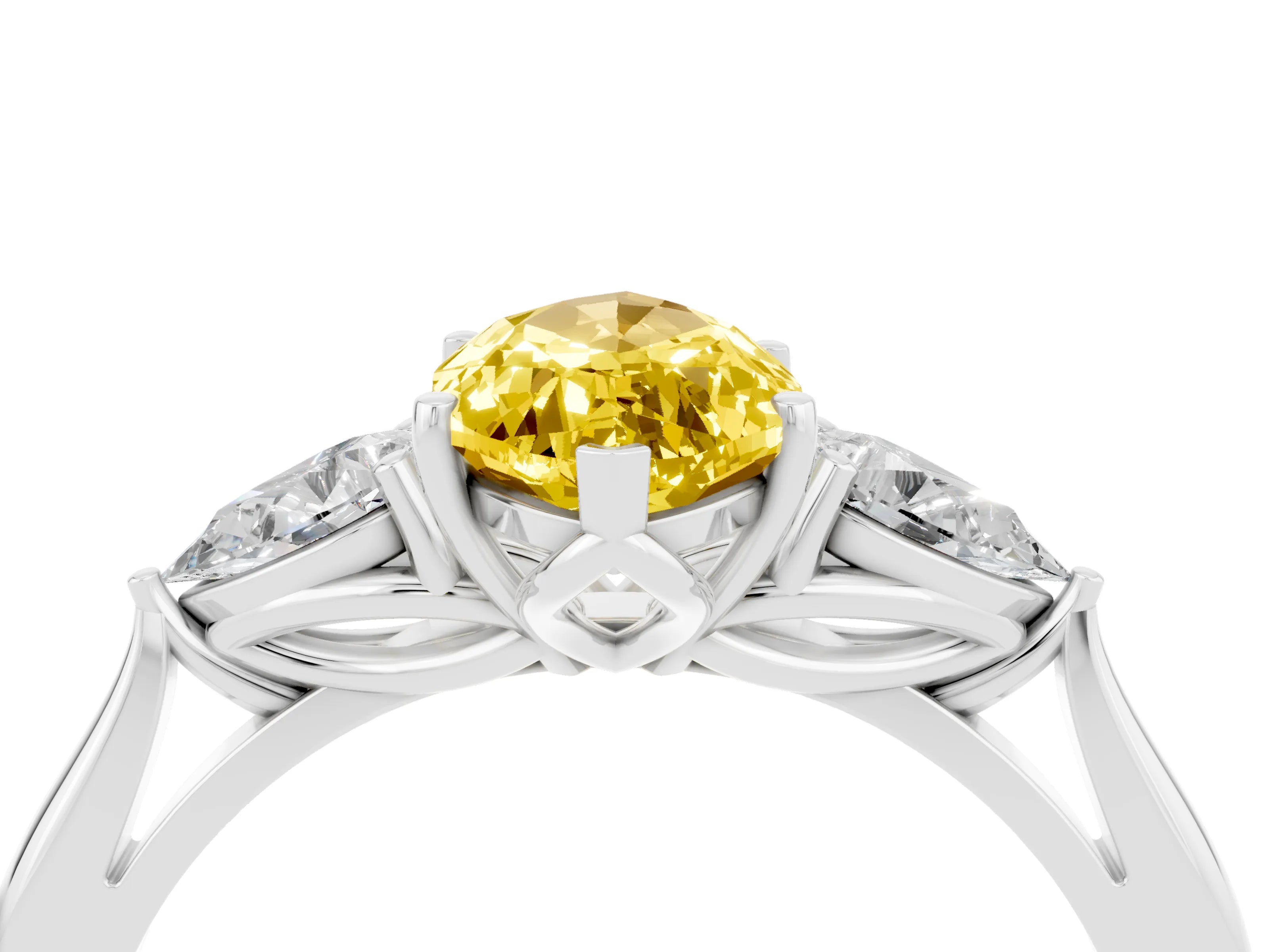 White gold Marquise Cut Yellow Sapphire Three-Stone Ring with Pear Side Stones and Four-Prong Setting_16