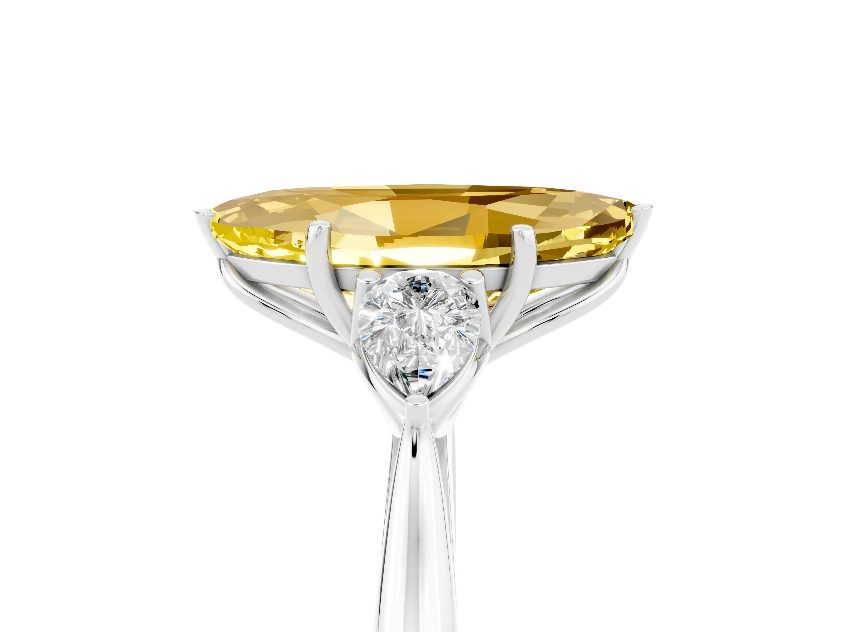 White gold Marquise Cut Yellow Sapphire Three-Stone Ring with Pear Side Stones and Four-Prong Setting_17
