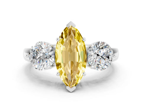 White gold Marquise Cut Yellow Sapphire Three-Stone Ring with Prong Setting and Classic Band