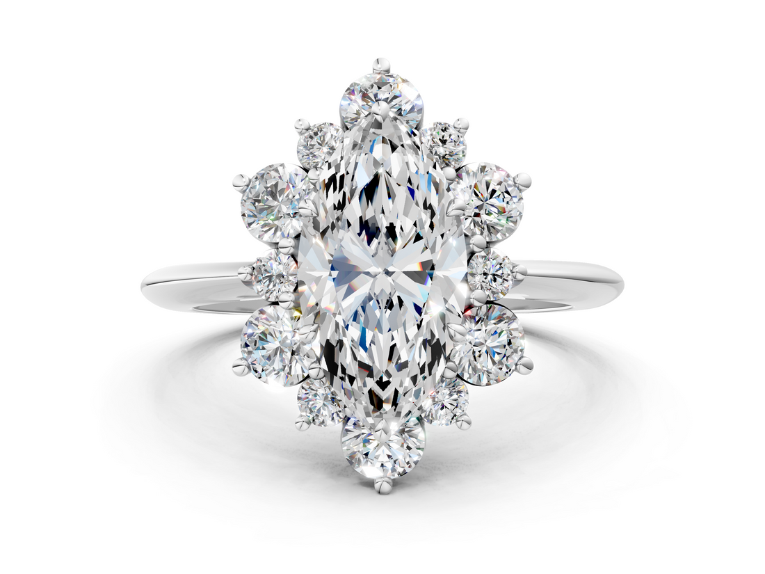 White gold Marquise Diamond Cluster Halo Ring with Solitaire Band and Four-Prong Setting_19