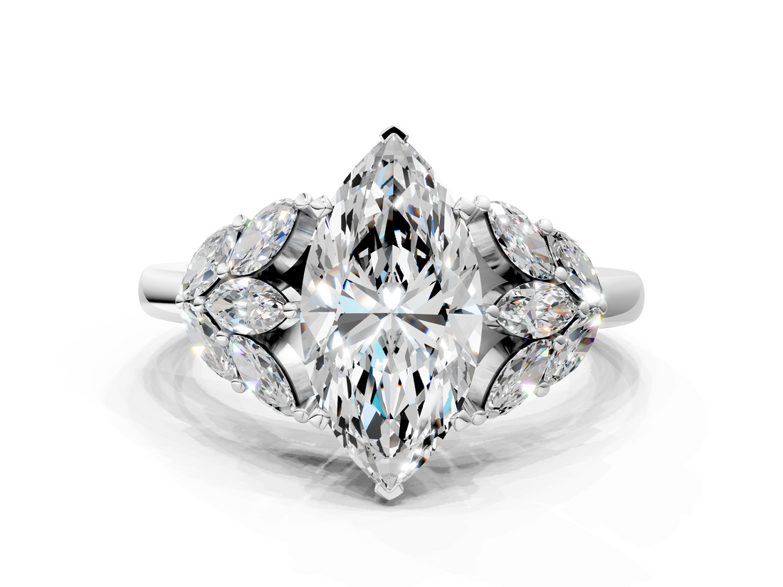 White gold Marquise Diamond Cluster Leaf Design Ring with Prong Setting_91