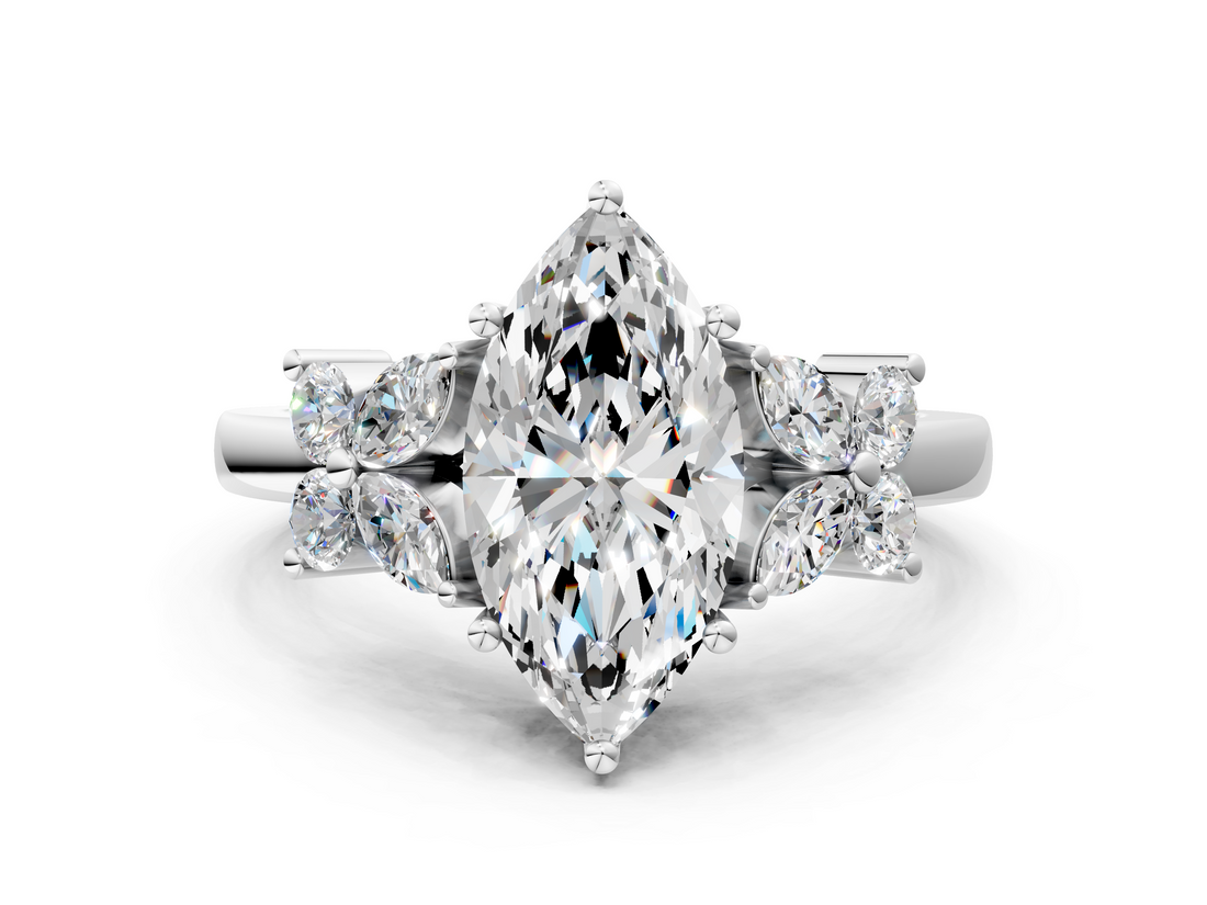 White gold Marquise Diamond Floral Cluster Ring with Solitaire Band and Prong Setting_68