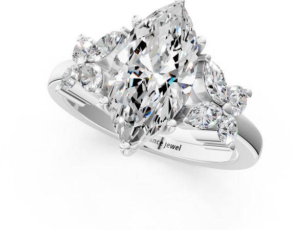White gold Marquise Diamond Floral Cluster Ring with Solitaire Band and Prong Setting
