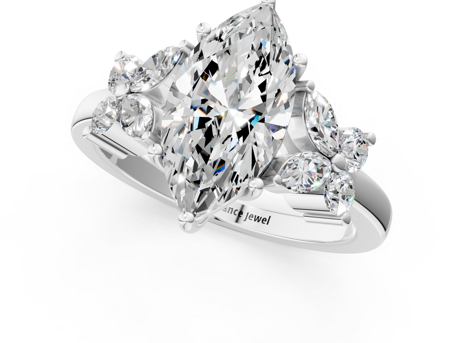 White gold Marquise Diamond Floral Cluster Ring with Solitaire Band and Prong Setting