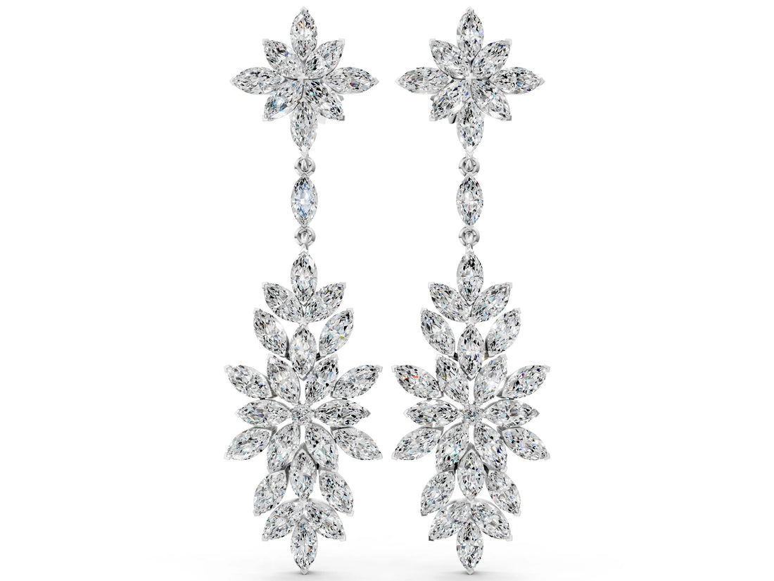 White gold Marquise Diamond Floral Dangle Earrings