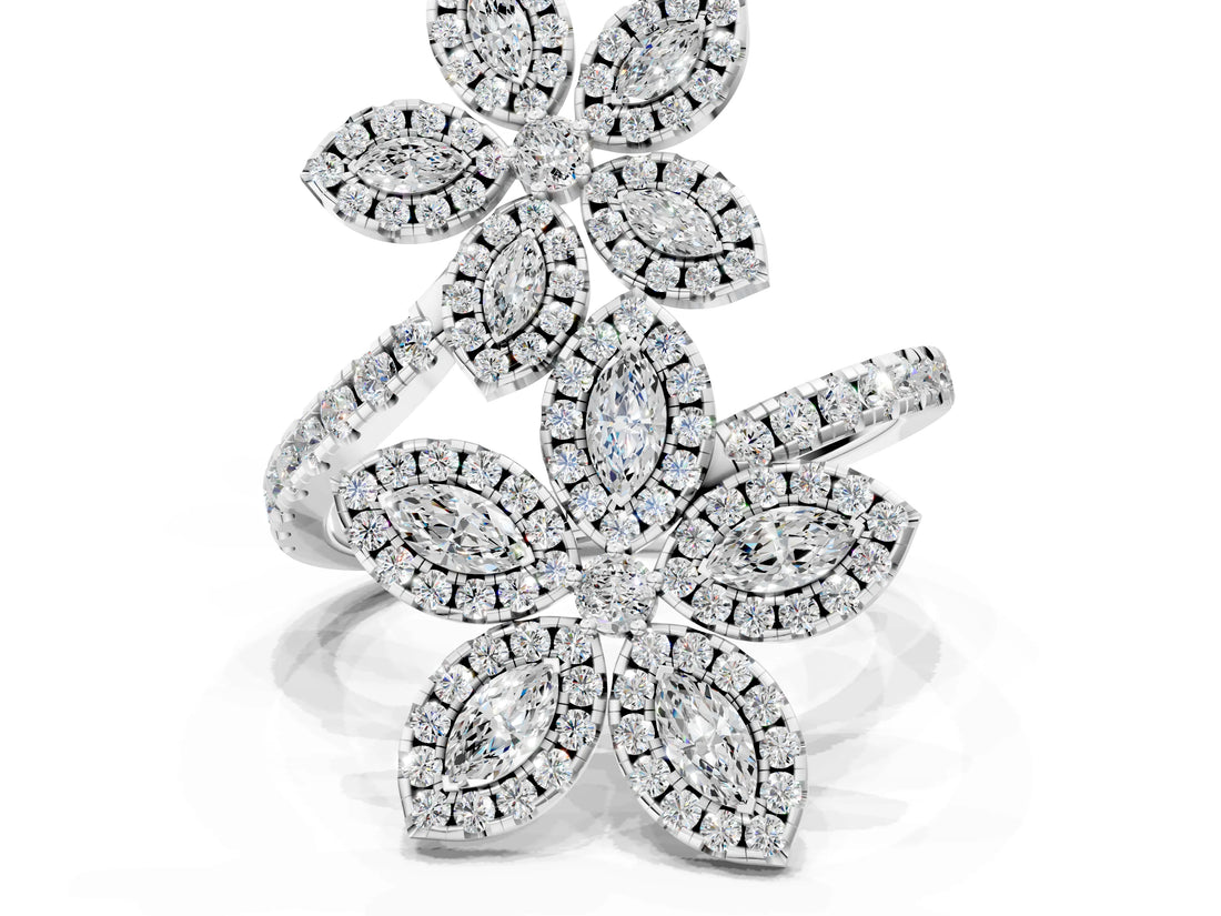 White gold Marquise Diamond Floral Promise Ring with Round Diamond Accents