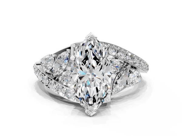 White gold Marquise Diamond Halo Ring with Marquise and Pavé Band in Prong Setting