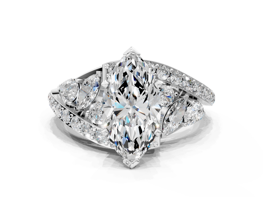 White gold Marquise Diamond Halo Ring with Marquise and Pavé Band in Prong Setting