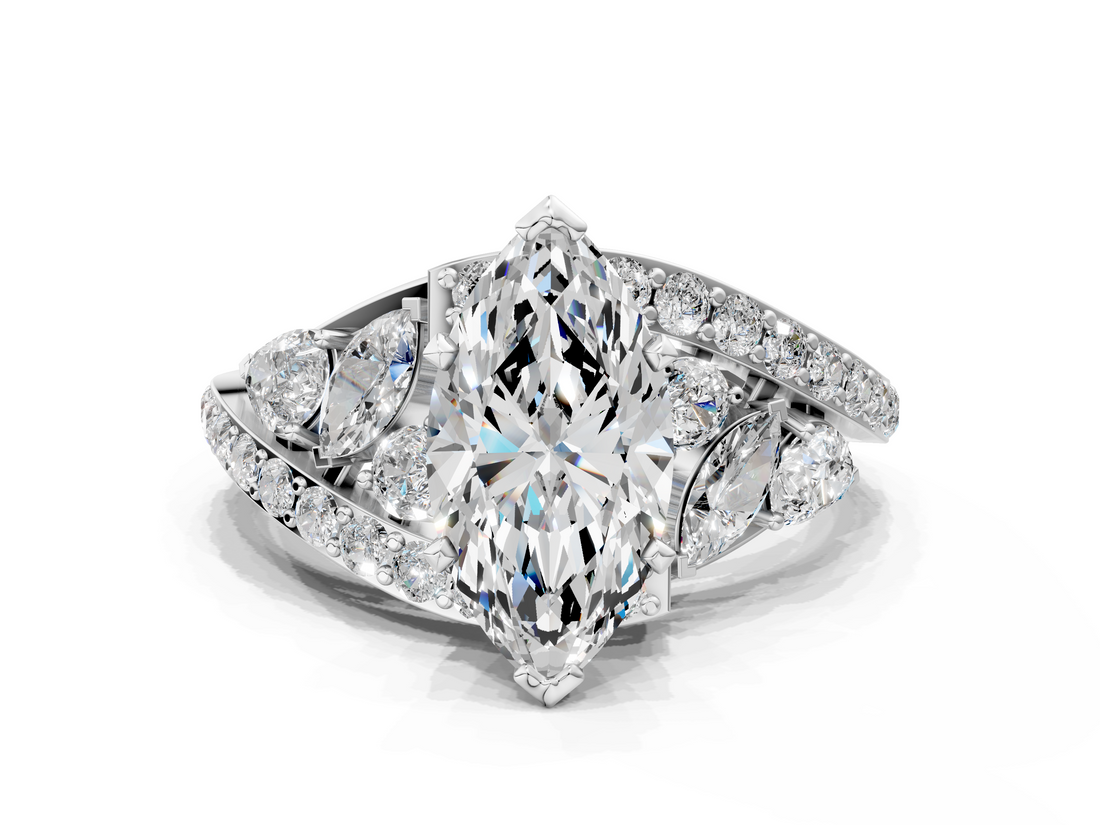 White gold Marquise Diamond Halo Ring with Marquise and Pavé Band in Prong Setting_109