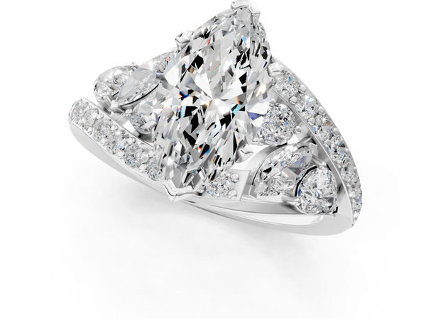 White gold Marquise Diamond Halo Ring with Marquise and Pavé Band in Prong Setting