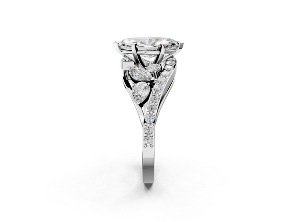 White gold Marquise Diamond Halo Ring with Marquise and Pavé Band in Prong Setting