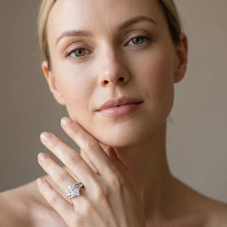 White gold Marquise Diamond Halo Ring with Marquise and Pavé Band in Prong Setting