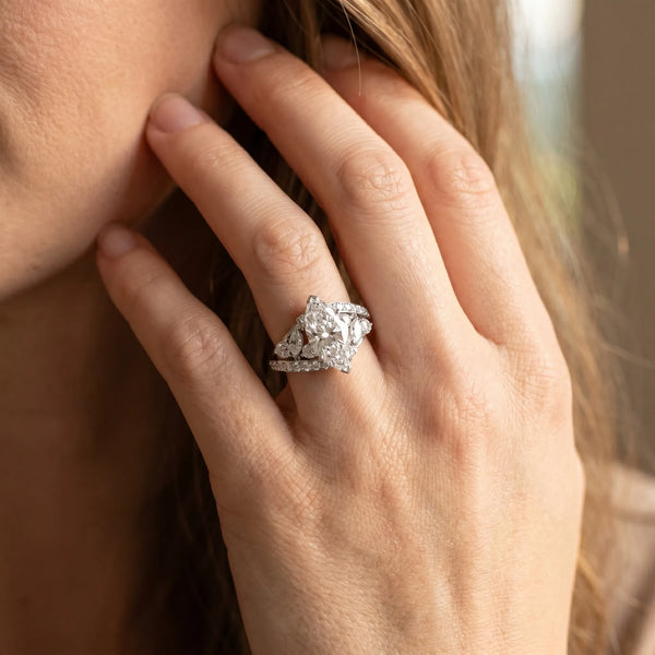 White gold Marquise Diamond Halo Ring with Marquise and Pavé Band in Prong Setting