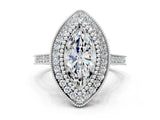White gold Marquise Diamond Halo Ring with Milgrain Frame and Pavé Band