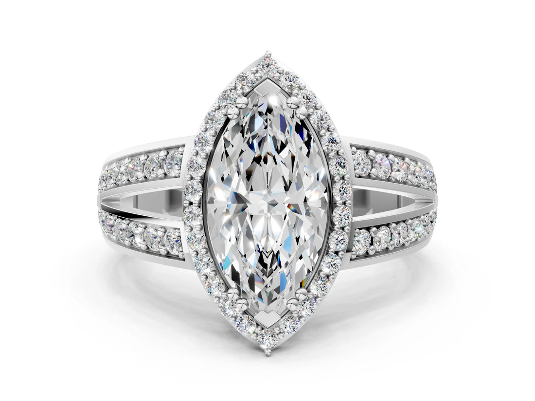 White gold Marquise Diamond Halo Ring with Split Shank Pavé Band and Four-Prong Setting_6