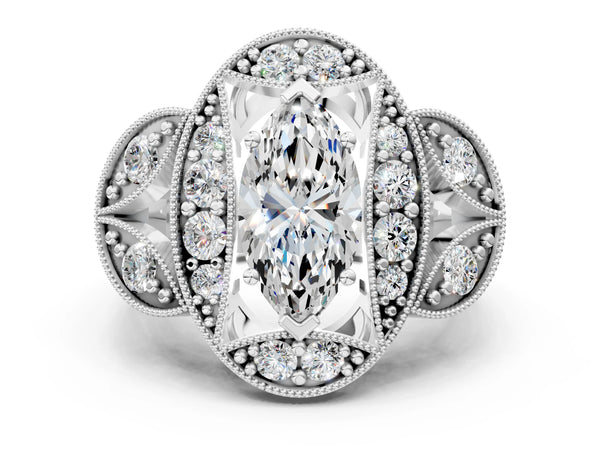 White gold Marquise Diamond Milgrain Marquise Filigree Engagement Ring with Prong Setting